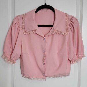 NO BRAND lace trim button up crop top, womens